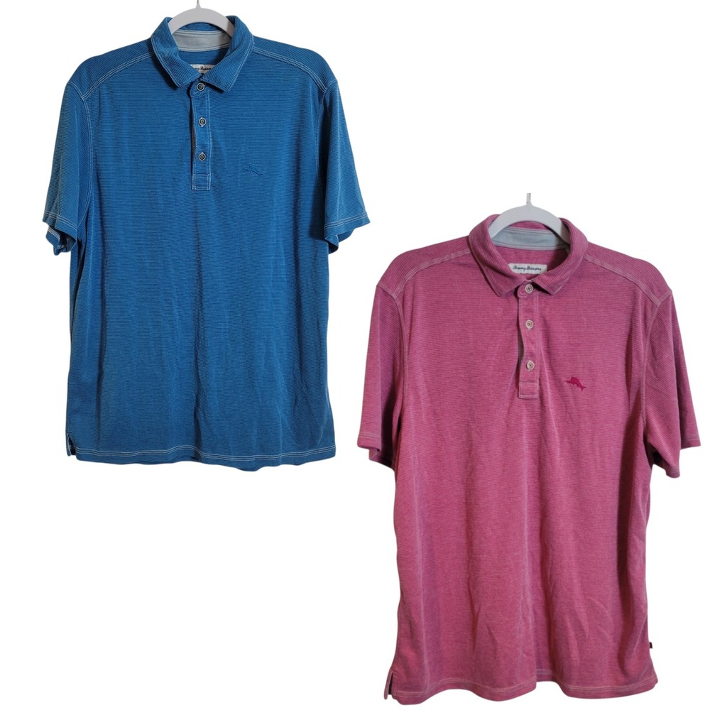 2 Tommy Bahama Mens Short Sleeve Polo Shirts Pink Blue Stripe Tencel Blend Large